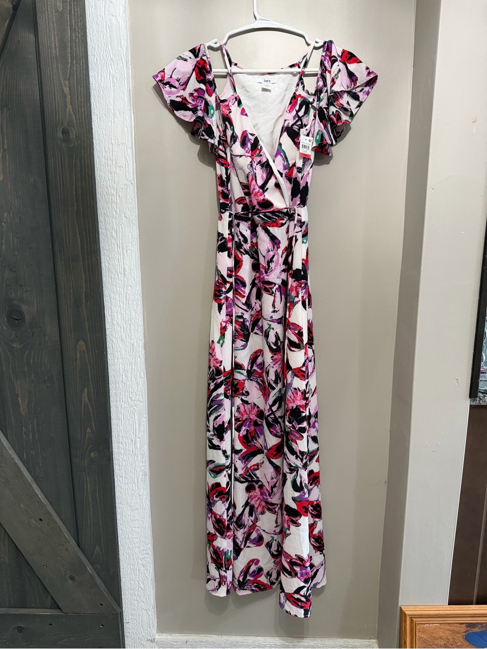 Bar III White Floral Wrap Maxi Dress with Pink & Red Accents